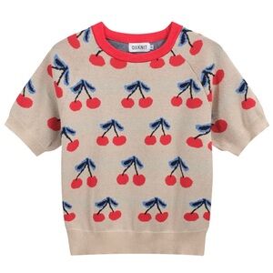 WOMEN’S 70S BEIGE CHERRY KNIT TEE – RETRO FRUIT PRINT TOP-CROPPED LENGTH